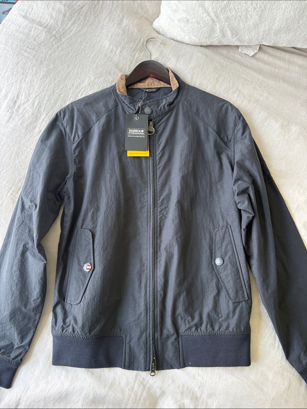 Barbour Black Bomber Jacket with Tan Collar Trim